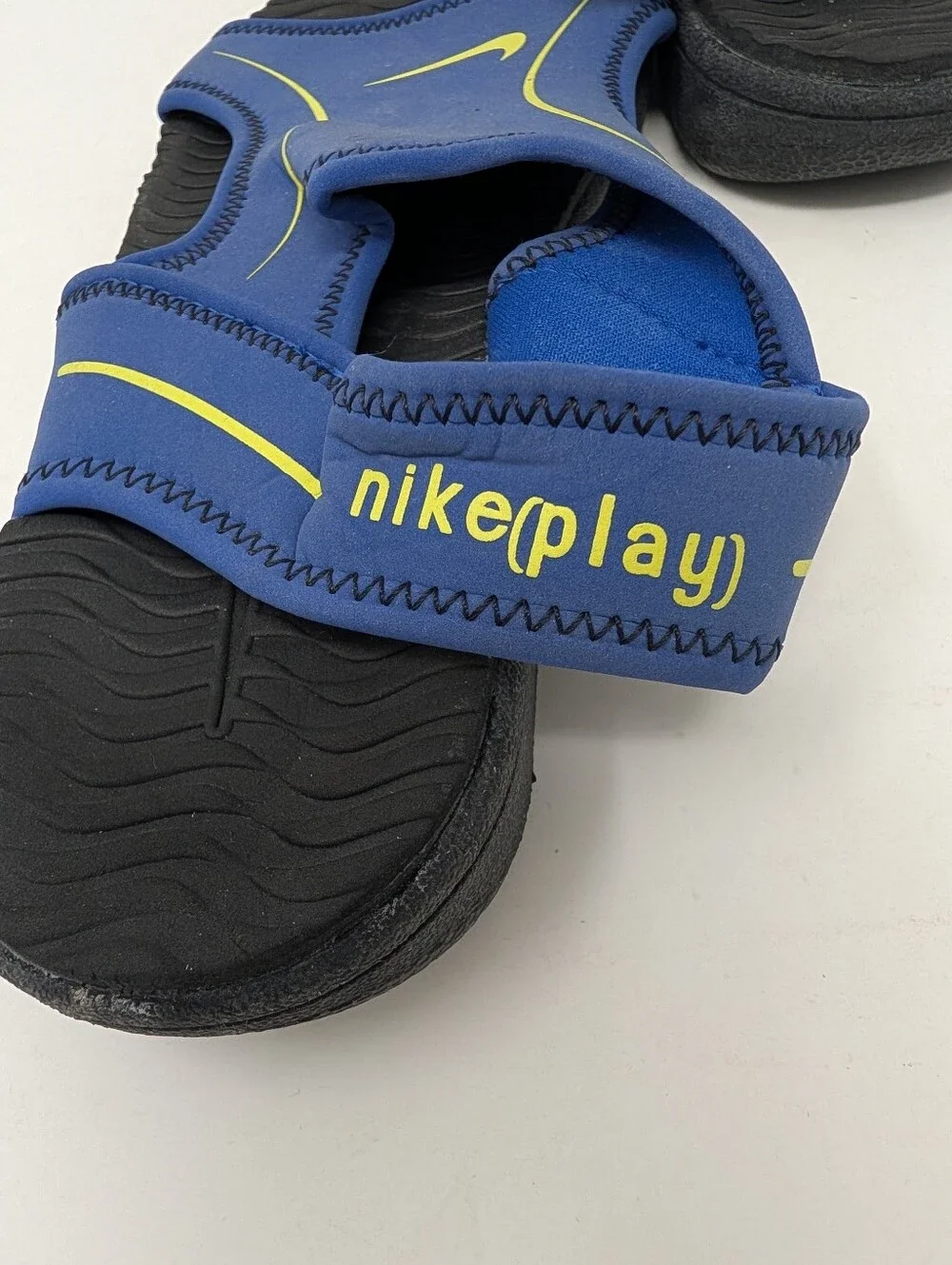 Nike Blue & Neon Yellow Slip-On Sandals, Size 5Y/ Fits Women 6.5